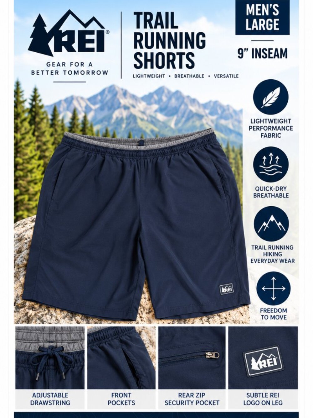 REI Trail Running Shorts Men’s Large Navy 9” Inseam Lightweight